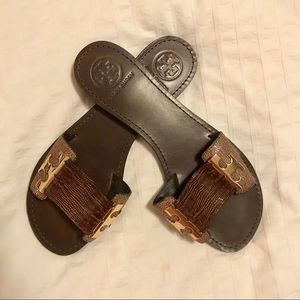 Tory Burch leather / gold slip on sandals